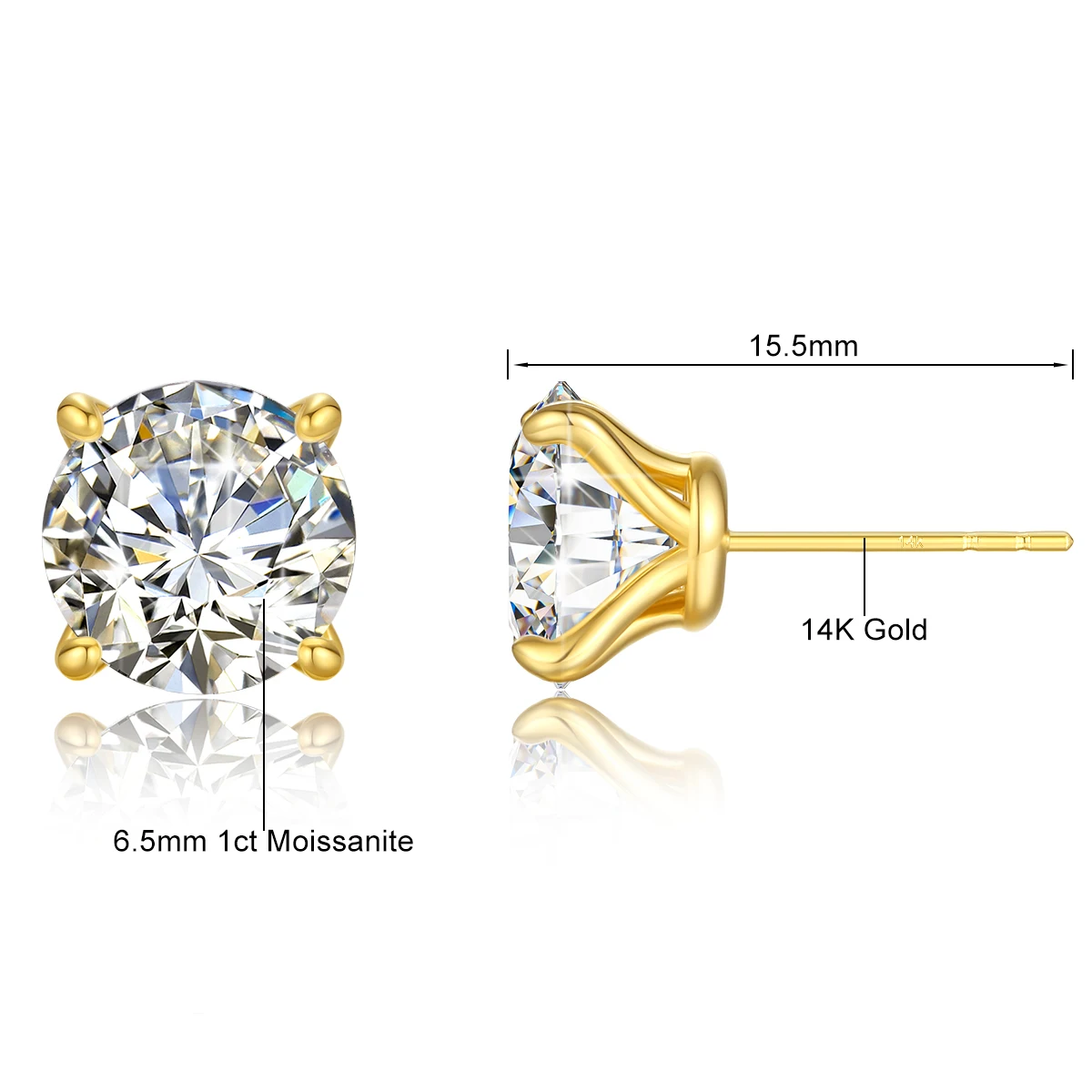 1pair 14K Gold Moissanite Stud Earrings for Women Simple Classical 4-Prong Lab Diamond Ear Stud Wedding Engagement Gift Jewelry