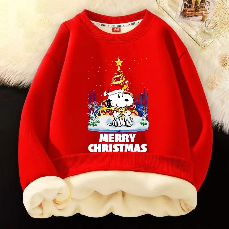 Snoopy Christmas Sweatshirts Peanuts Comic Long Sleeved Fleece Thicken Cute Tops Boy Girl New Year Xmas Clothing Child Clothes