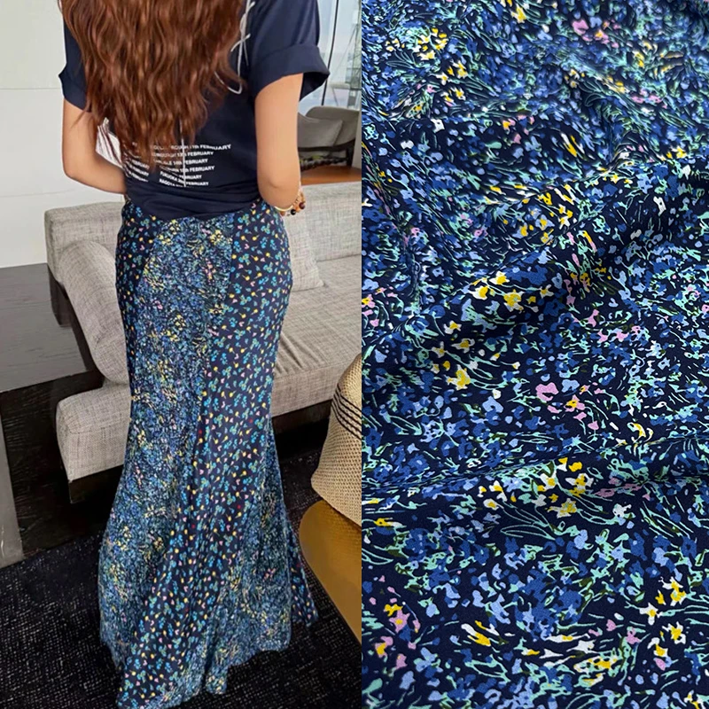 Small Floral Printed Stretch Blue Silk Crepe de Chine Fabric for DIY Sewing Summer Comfortable Dress Pajamas Silk Fabric FR7062