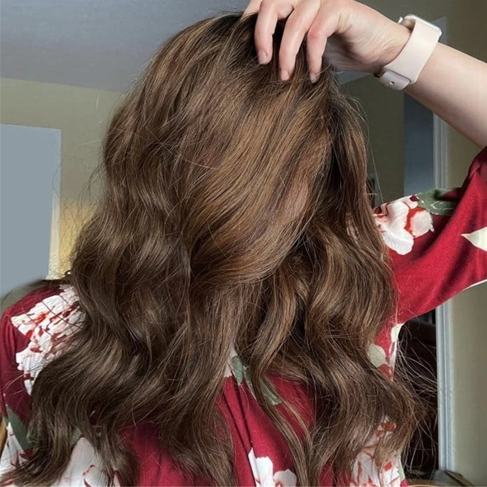 Long Wavy Lace Front Wig Brunette Balayage Synthetic Lace Wig for Women 13x4 Dark Brown Body Wave Lace Frontal Wig Daily Use