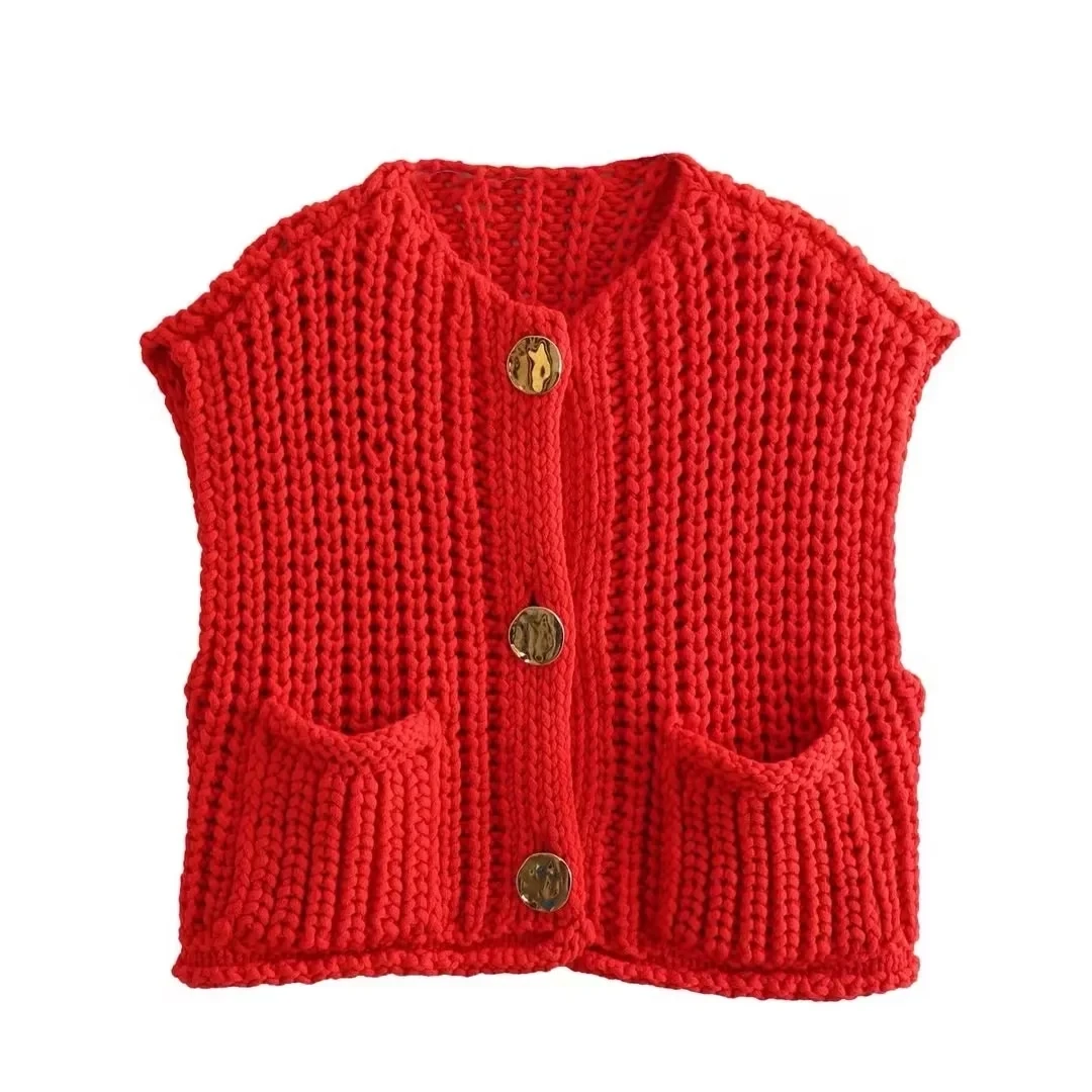 EDSA Women Knitted Cardigan Vest with Gold Buttons Y2K Female Sweater Waistcoat Single Breasted O-Neck Fashion Streetwear