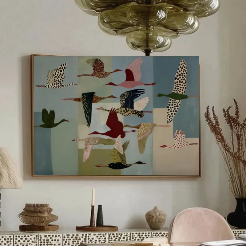 Verspielte Vogel-Wandkunst-Poster und -Drucke, farbenfrohe Kranich-Illustration, moderne Volkskunst-Dekoration, Wandbilder für Wohnzimmer und Zuhause