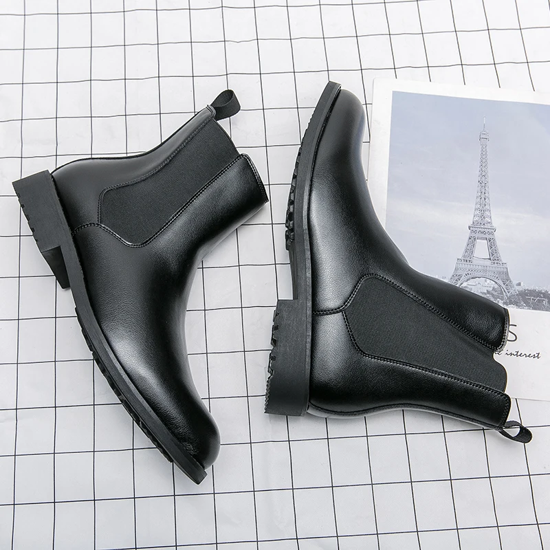 Luxury Men Chelsea Boots Elastic Band Slip on Round Toes Casual Leather Men Shoes Comfortable High Top Boots Party Wedding Shoes