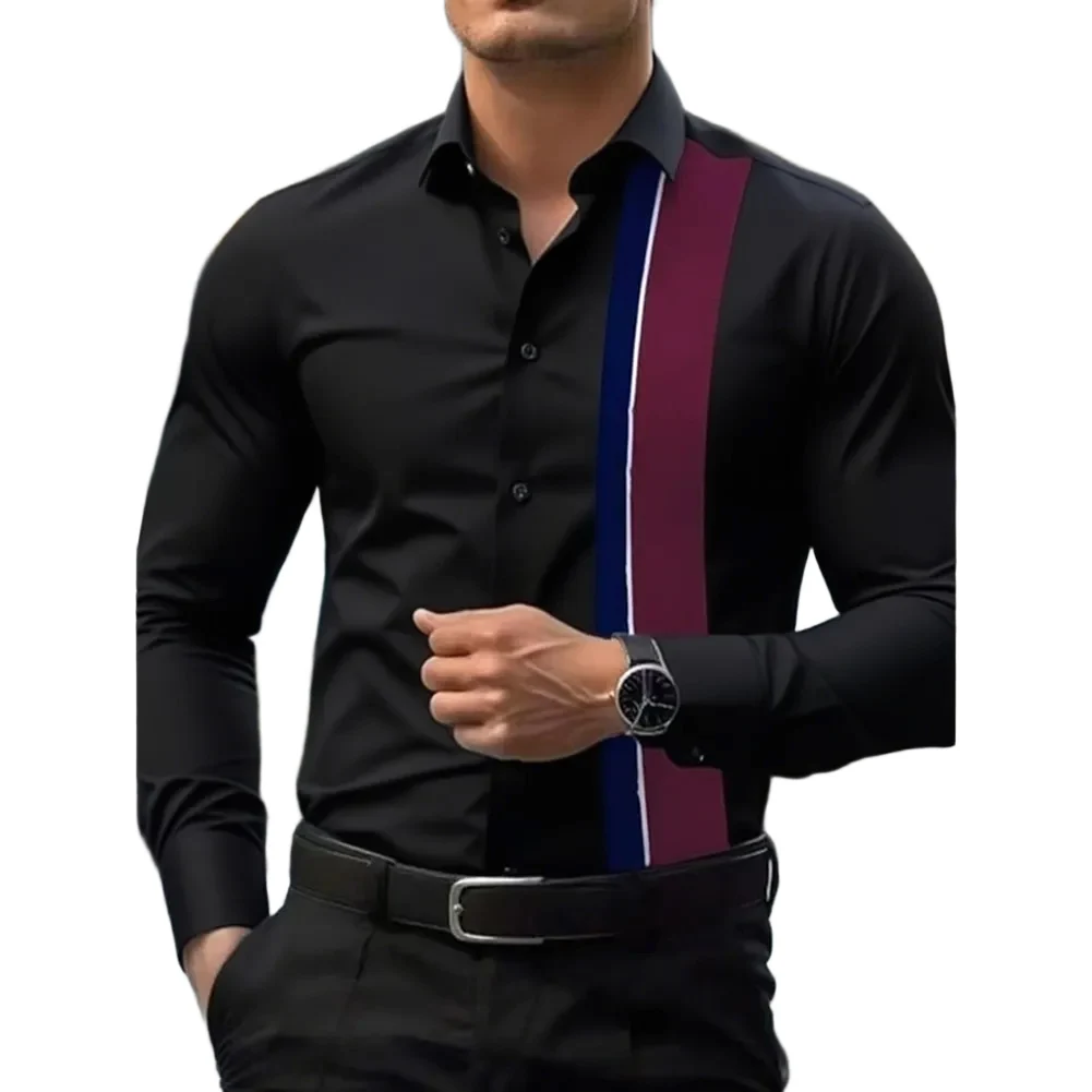 2025 Mens Splicing Striped Lapel Button Up Long Sleeve Smart Casual Comfortable Business Dress Office Single-breasted Shirt