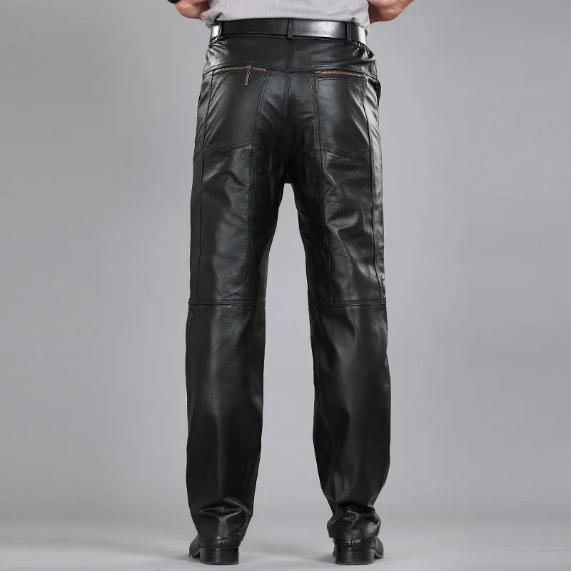 Black Genuine Leather Pants Men's Fashion Casual Plus Size Motorcycle Pants Male Trousers Mens Nature Sheepskin Joggers Pantalon