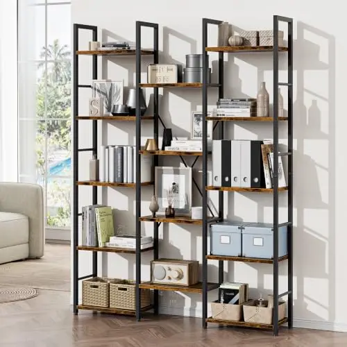 Bookshelf, 5 Tier Open Etagere Bookcase, Rustic Wood & Metal Frame Freestanding Display Shelving Unit, Multi-Layer Open