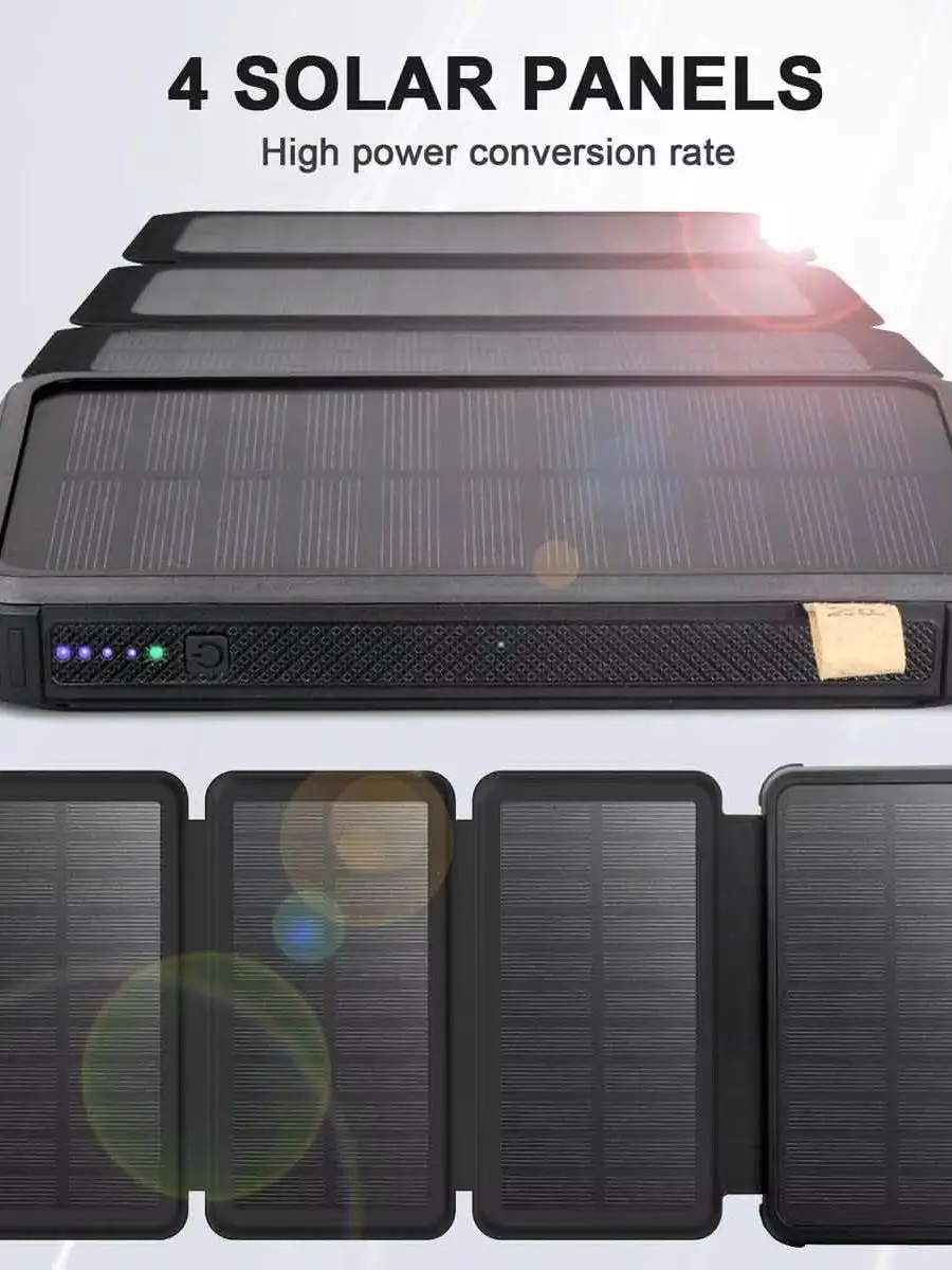 Powerbank, wasserdicht, für Outdoor-Camping, tragbare, faltbare Solarmodule, 5 V, 2 A, 3 Ausgänge, 4 faltbare Module, lädt externe Batterie, 20000 mAh, Solarmodul mit großer Kapazität