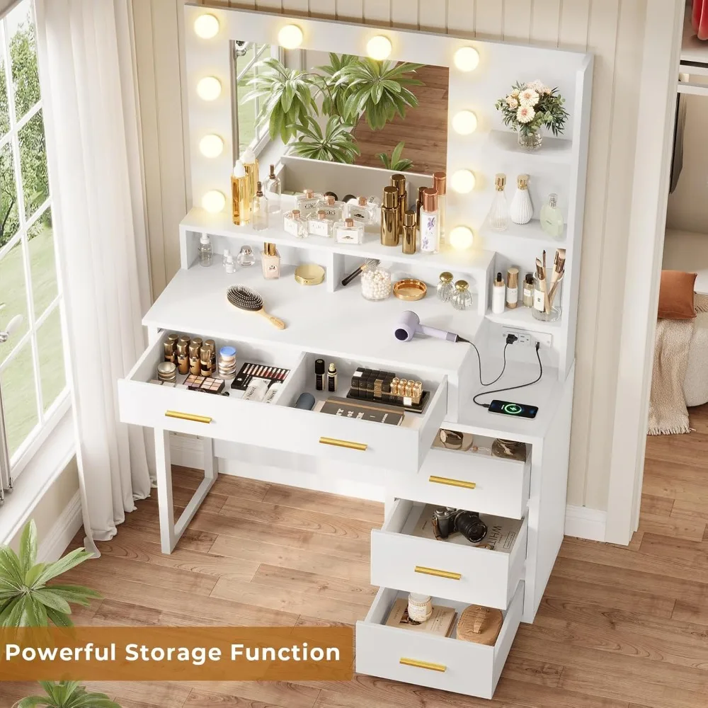 White Makeup Vanity with 10 Light Bulbs, Modern Vanity Desk with Mirror & 3 Lighting Modes, Vanity Table  Outlets