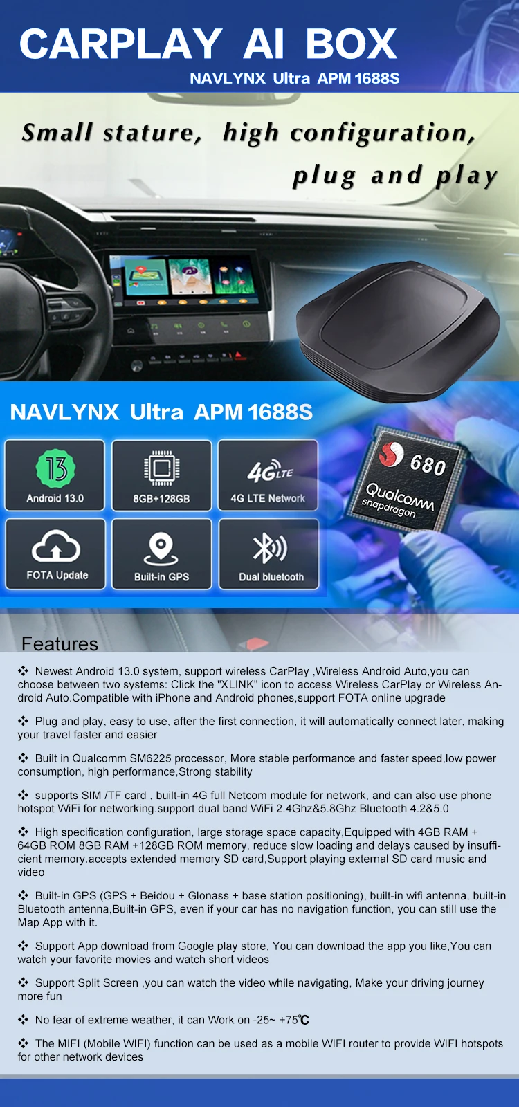 NAVLYNX ApplePie Ultra 3.0 Carplay Ai Box Plug and Play Android 13