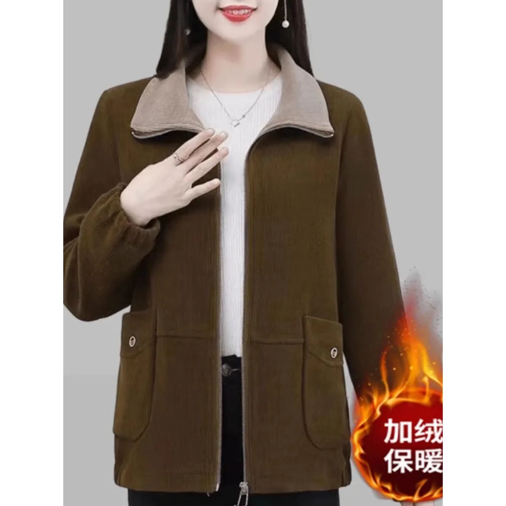 Women\'s Corduroy Short Jacket Autumn Winter New Plush Thicken Warm Coats Middle-aged MotherCasual Zipper Outwear Wild Tops 5XL