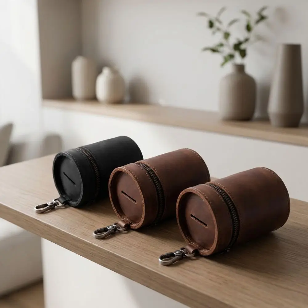 PU Leather Coin Storage Bank Cylindrical Handmade Car Interior Piggy Bank with Clip Round Zipper Trinkets Coin Purse