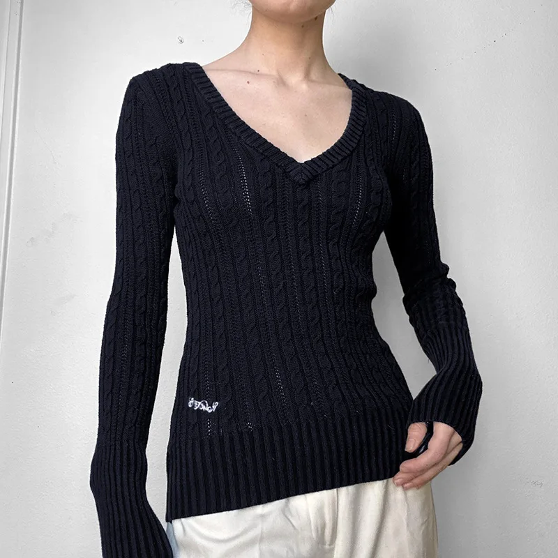 アメリカンシンプルカラーコントラストレター刺繍Vネック細身フィット揚げパンツイストセータースパイシーガールレトロカレッジトップ