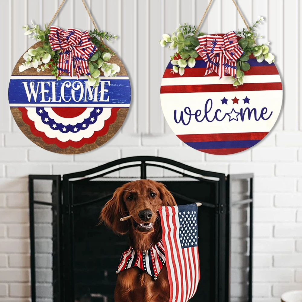 Wooden Round Doorplate Door Decoration 4th Of July Decor Welcome Bow Knot Decoration Outdoor Door Hanging Garland