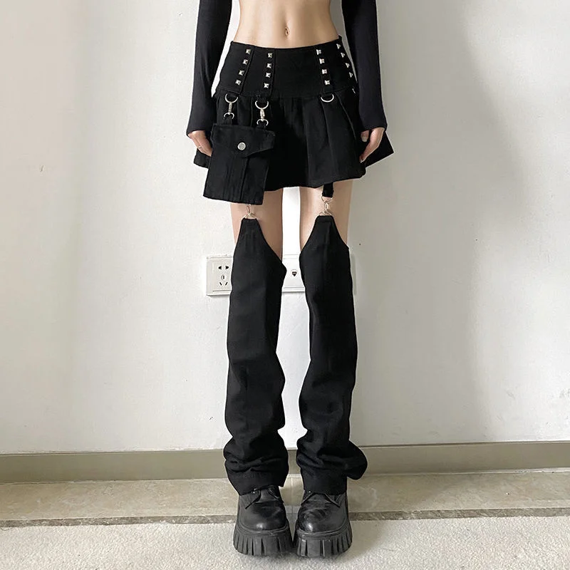 Rivet Patchwork Women Mini Pleated Street Skirts With Trouser Leg Hight Waist Skirt Punk Streetwear Goth Clothes Dark Academia