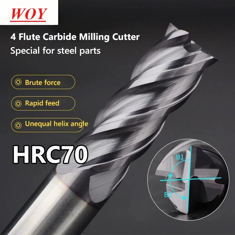 WOY HRC70 CNC Carbide End Mill Tungsten Cutter 4Flute Metal Steel Machining Tool 1-4 6 8 10 12 Shank Key Face Square Router Bit