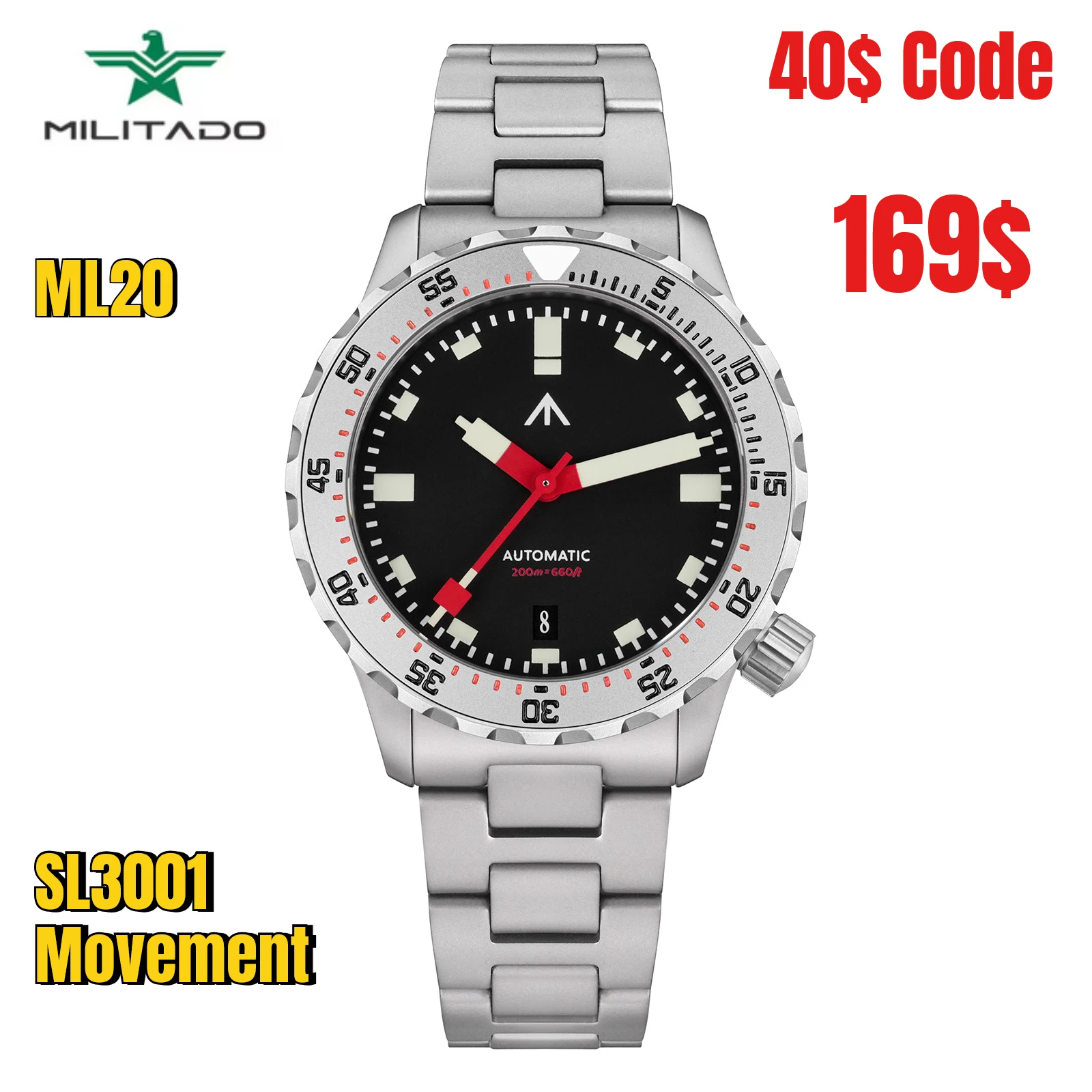 Militado ML20 39mm Men Watch SL3001 Automatic Movement Sapphire Luminova Watches Stainless Steel 200m Waterproof Wristwatch