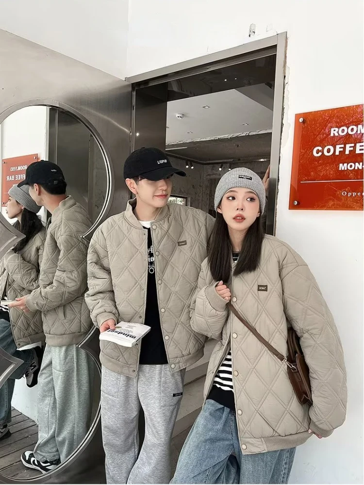 Lightweight Cotton Coat Women Men Quilted Diamond Lattice Padded Loose Parka Korean Winter Casual Jacket Couple Unisex Tops 2024