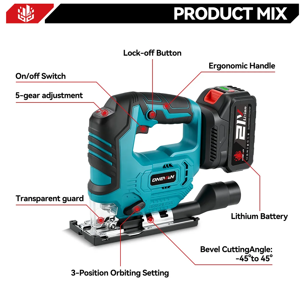 ONEVAN 26mm 3500RPM Bürstenlose Elektrische Stichsäge 1000W Multifunktions-Holzbearbeitungswerkzeug mit 3 variablen Geschwindigkeitsstufen für Makita 18V Akku – Detail 4