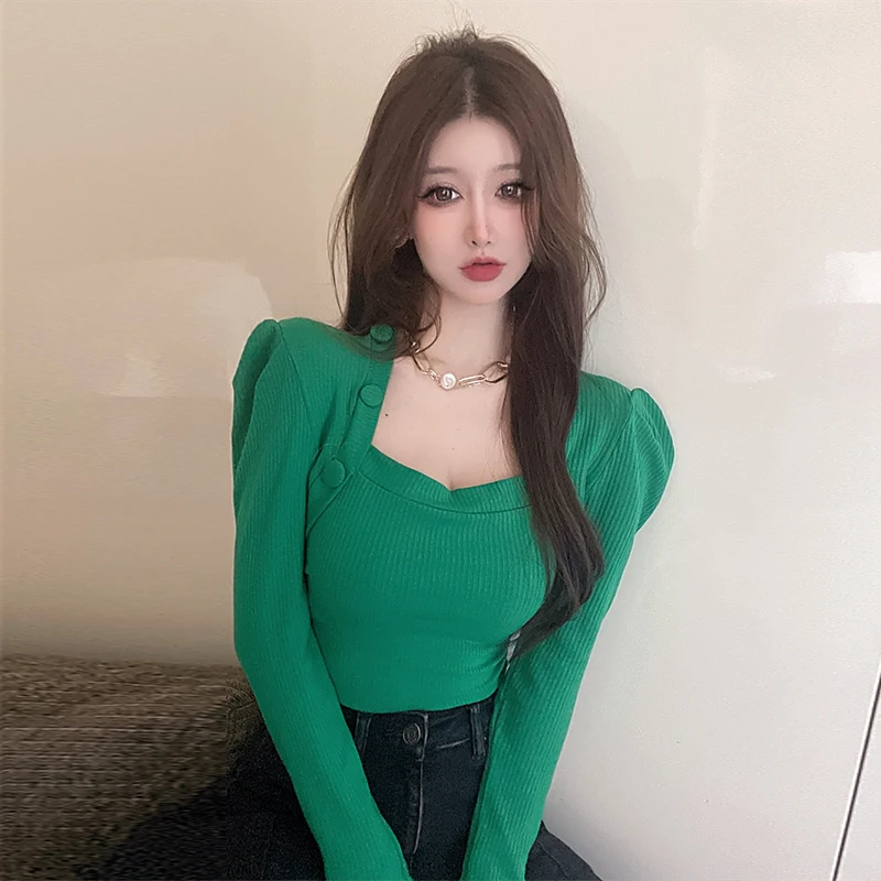 Pullover Women 2022 Spring Square Neck Long Sleeve Puff Sleeves Short Top Female Pure Color Slim T Shirt Women Clothing