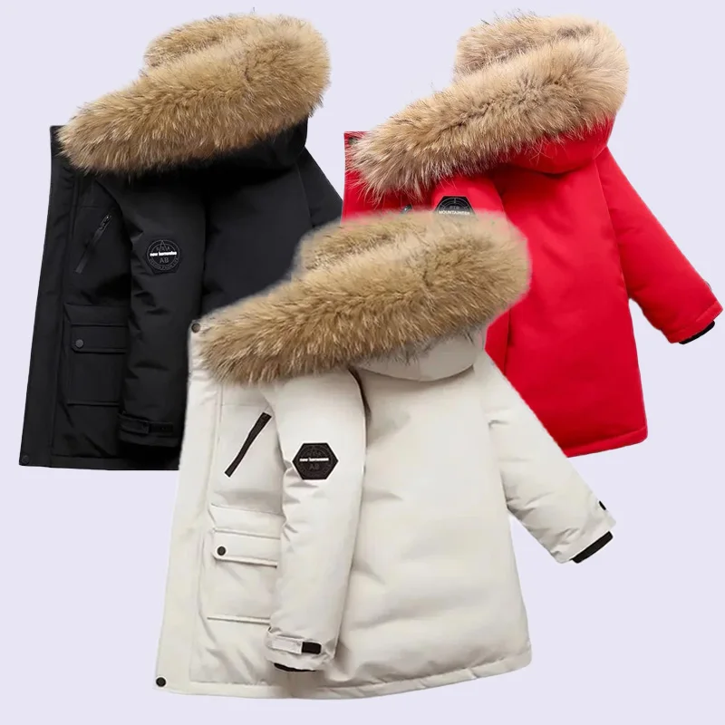 Children\'s Down Cotton Jacket Boys Winter Thickened Large Fur Collar Coat 2024 New Kids Warm Hooded Outerwear Teenager Clothing