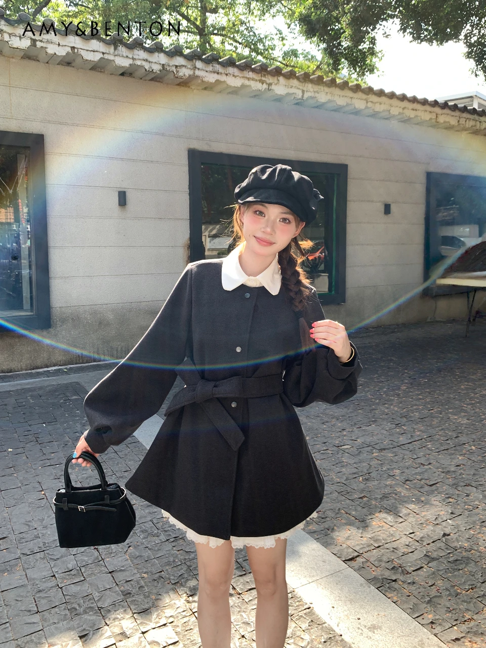 

2025 Autumn Winter Commuting Style Women's Coffee Red Gray Black Lantern Sleeve Design Round Neck Waist-Cinching Wool Coat