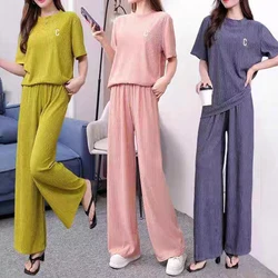 Wrinkle Embroidery Short Sleeved Top Straight Wide Leg Long Pants Set Woman 2024 Causal 2 Pieces Pajamas Home Wear Loungewear