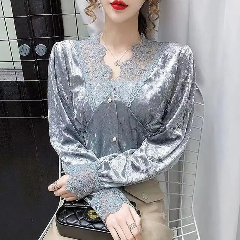 Shirts Women Simple Loose Spliced Pure Color Chic Kpop New Fashion Leisure Vintage Lace Hollow Out All-match Elegant Autumn Ins