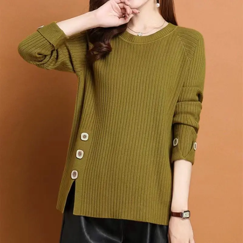 Fashion Spring Autumn Knitting Sweaters Long Sleeve Solid All-match Slit Hem Button Pullovers Tops Vintage Korean Women Clothing