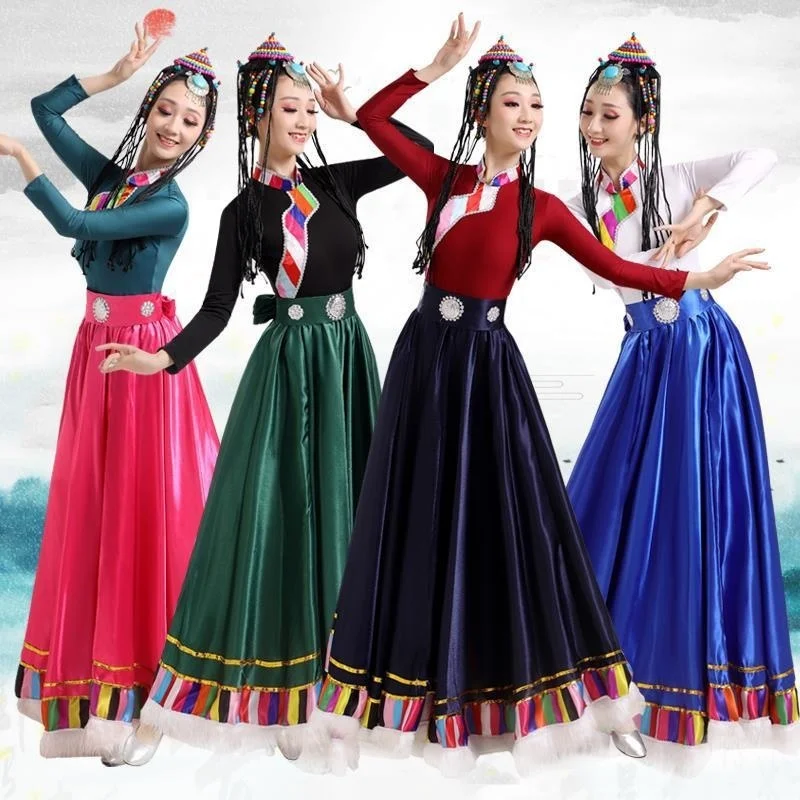 Traje de dança tibetana com saia de teste, traje tradicional nacional, roupa longa, vestido de minoria hmong