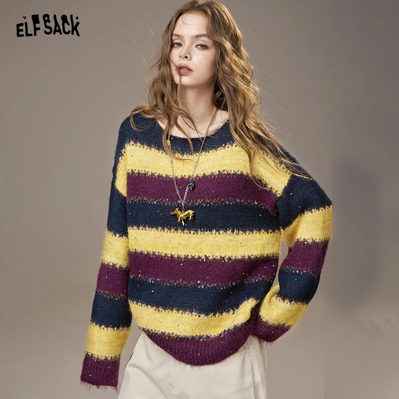 

ELFSACK 2025, зимние новые поступления, повседневный свободный свитер в полоску со звездами и цветными блоками для женщин