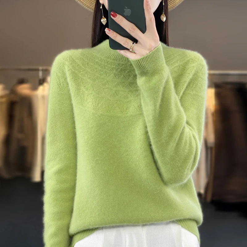 Autumn and Winter Hollow Half Height Women's 100% Wool Elegant Long Sleeve Top Cashmere Knitted Special Offer Unique Sweater