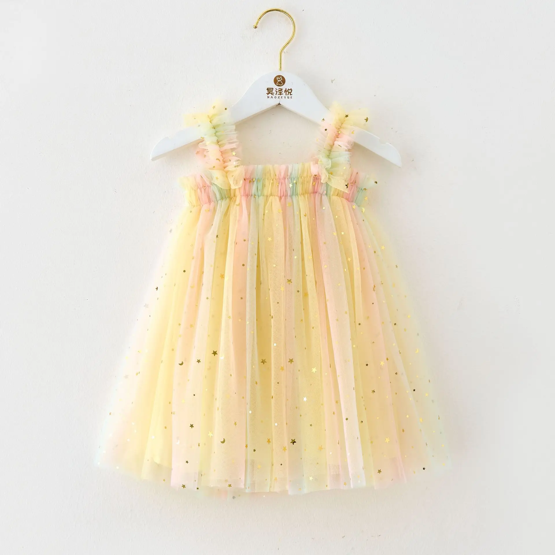 Toddler Sweet Baby Girl Clothes Fashion Summer Rainbow Gradient Stars Decoration Sling Girls Dress Cute Mesh Birthday Baby Dress