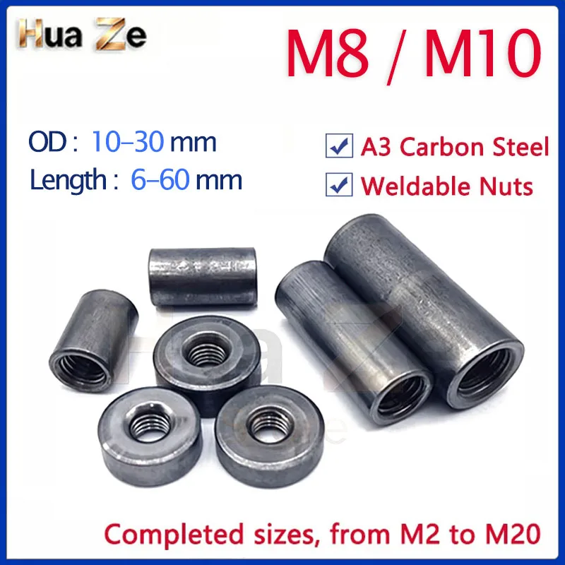 2/50pcs M8 M10 Extended Round Nut A3 Carbon Steel Threaded Sleeve Bushing Weldable Cylindrical Nut Gasket Length 6-60mm