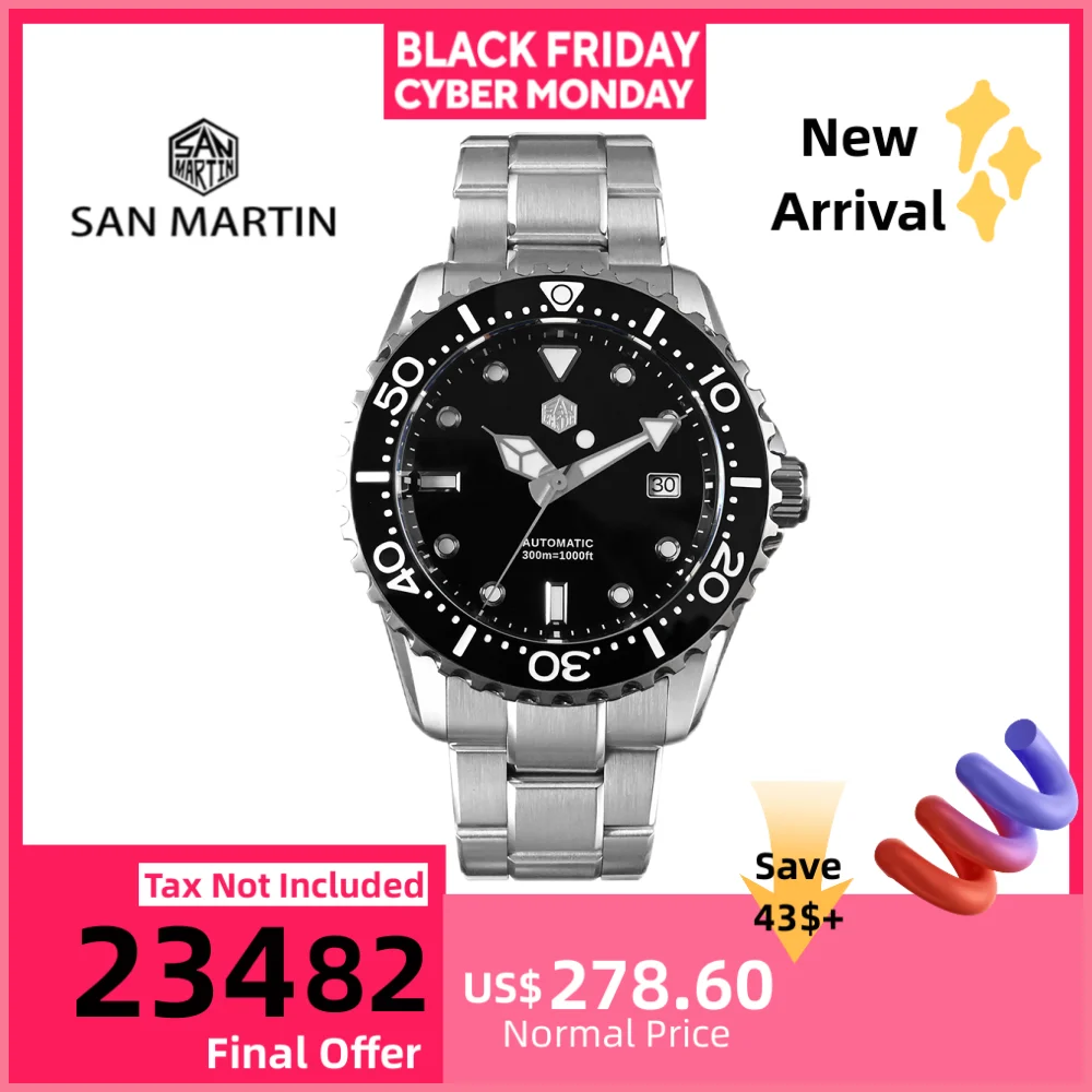 

San Martin 44 мм NH35 автоматические механические часы для дайвинга мужские 3H дата окно эмалированный циферблат браслет BGW-X1 30ATM Montre Homme SN0009B