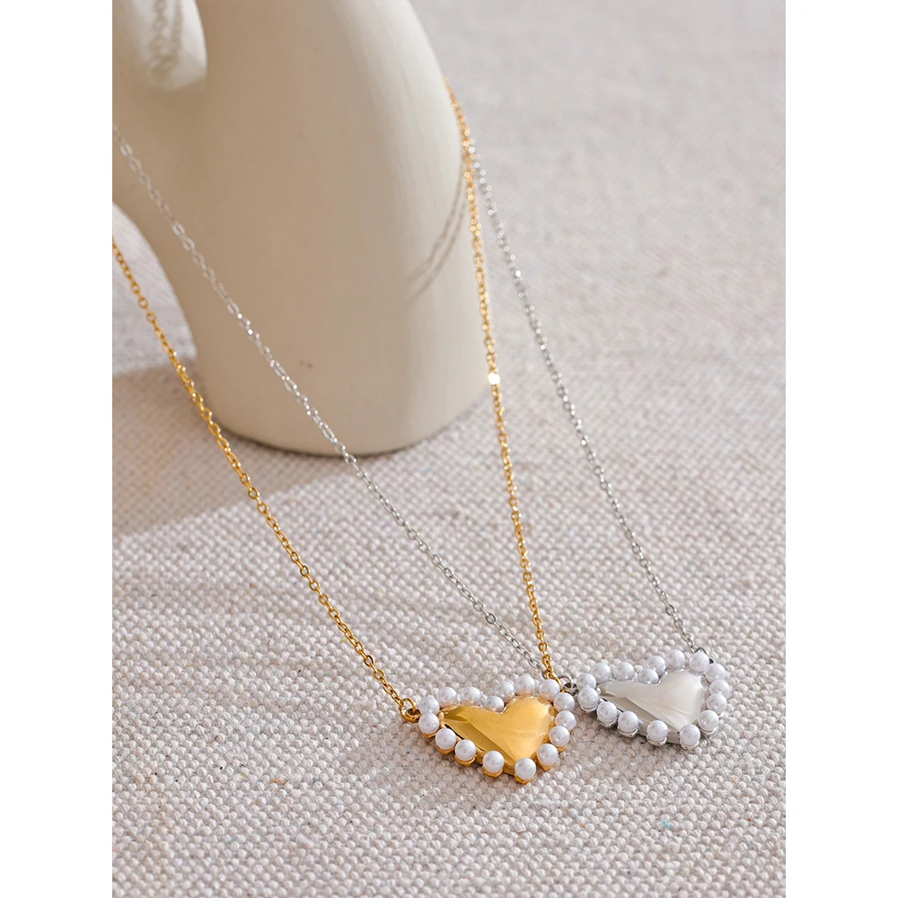 Yhpup Elegant Imitation Pearls Heart Love Popular Necklace Pendant Stainless Steel Romantic Collar Neck Jewelry Waterproof