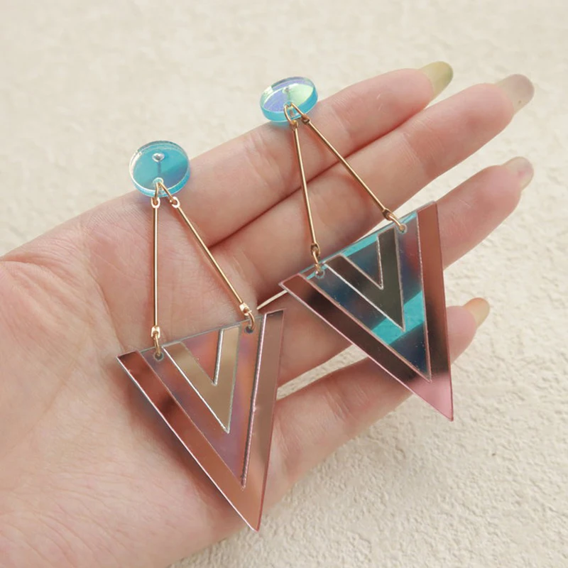 Fashion Laser Cut Geometric Acrylic Earrings For Women Exaggerated Reflective Inverted Triangle Long Dangle Earring