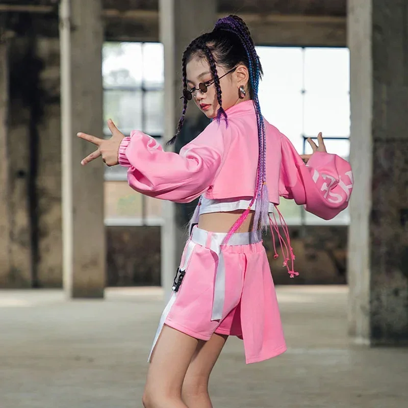 

New Kids Hip Hop Clothing Pink Handsome Street Dance Suit Girls Autumn Jazz Costumes Children Catwalk Show Stage Outfits DQL6196