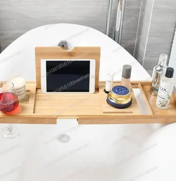 Telescopic bath caddy: bamboo wood rack with towel holder, tablet baffle, and phone tray
