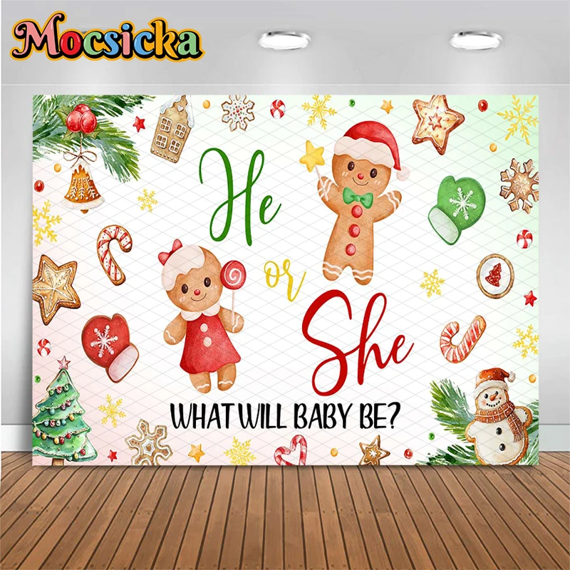 

Mocsicka He Or She Gender Reveal Photography Backdrop Christmas Gingerbread Man Watercolor Photo Background Baby Shower Tapestry