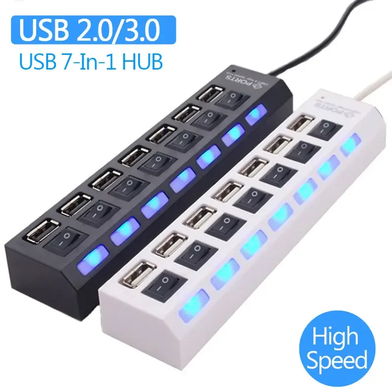 

USB 2.0 Hub 2.0 Multi Splitte Power Adapter 4/7 Port Multiple Expander with Switch 30CM Cable