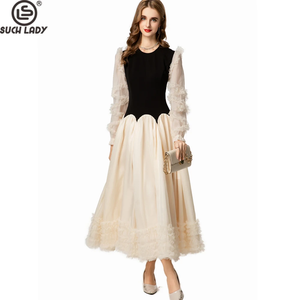 

Women's Dress Black & Ivory Long Sleeve Lace-Trim with Ruffle Tiered Skirt & Mesh Overlay Maxi Vestidos plus sizes