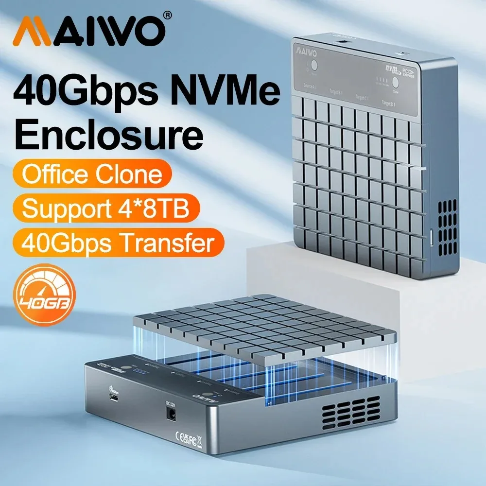 maiwo gabinete ssd nvme estojo de unidade de estado solido com clone ventilador offline compativel m2 para tipo c 40 40gbps bay 32tb 01