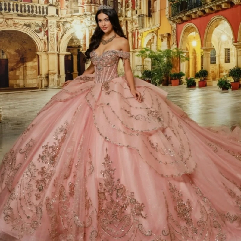 

Pink Shiny Quinceanera Dresses Off Shoulder Ball Gown Sweet 16 Dress Applique Lace Beading Crystal Bow Tull Birthday Party
