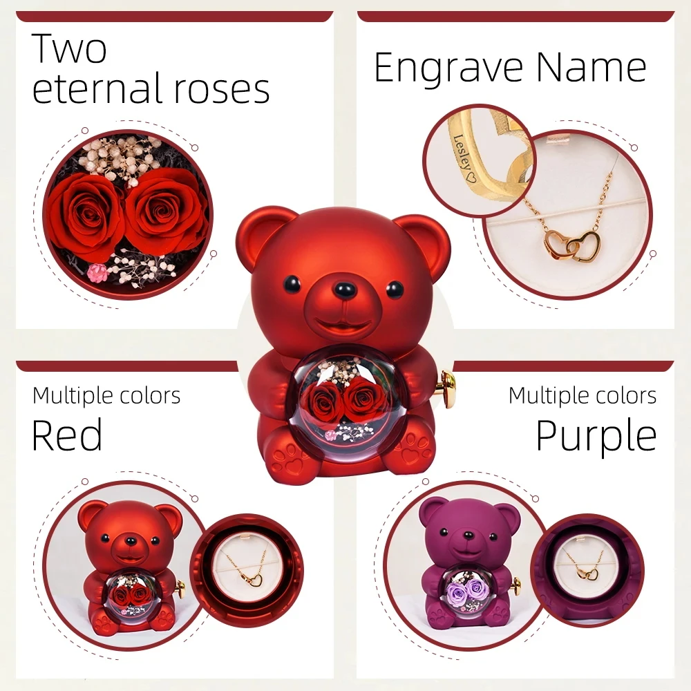 

Double Real Preserved Teddy Bear Jewelry Gift Box with Custom Engraved Pendant Necklace Valentine's Day Mother's Gift for Her