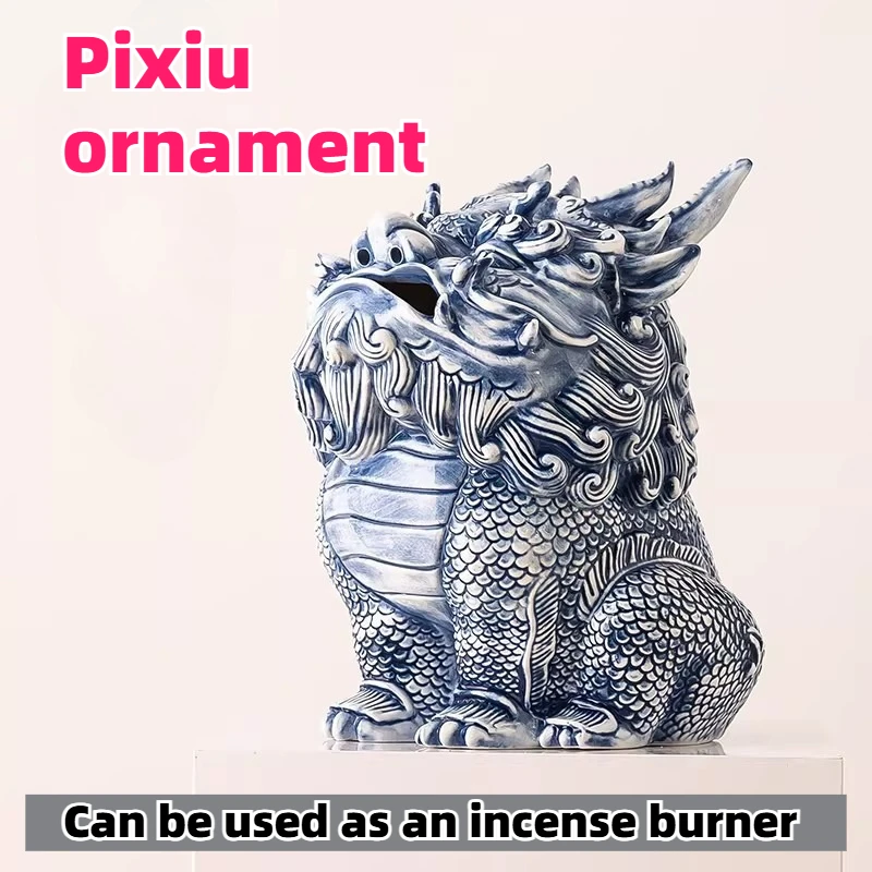 Blue White Ceramic Qilin Pixiu Incense Burner Handmade Tea Pet Ornament Desktop Decoration Housewarming Opening Business Gift