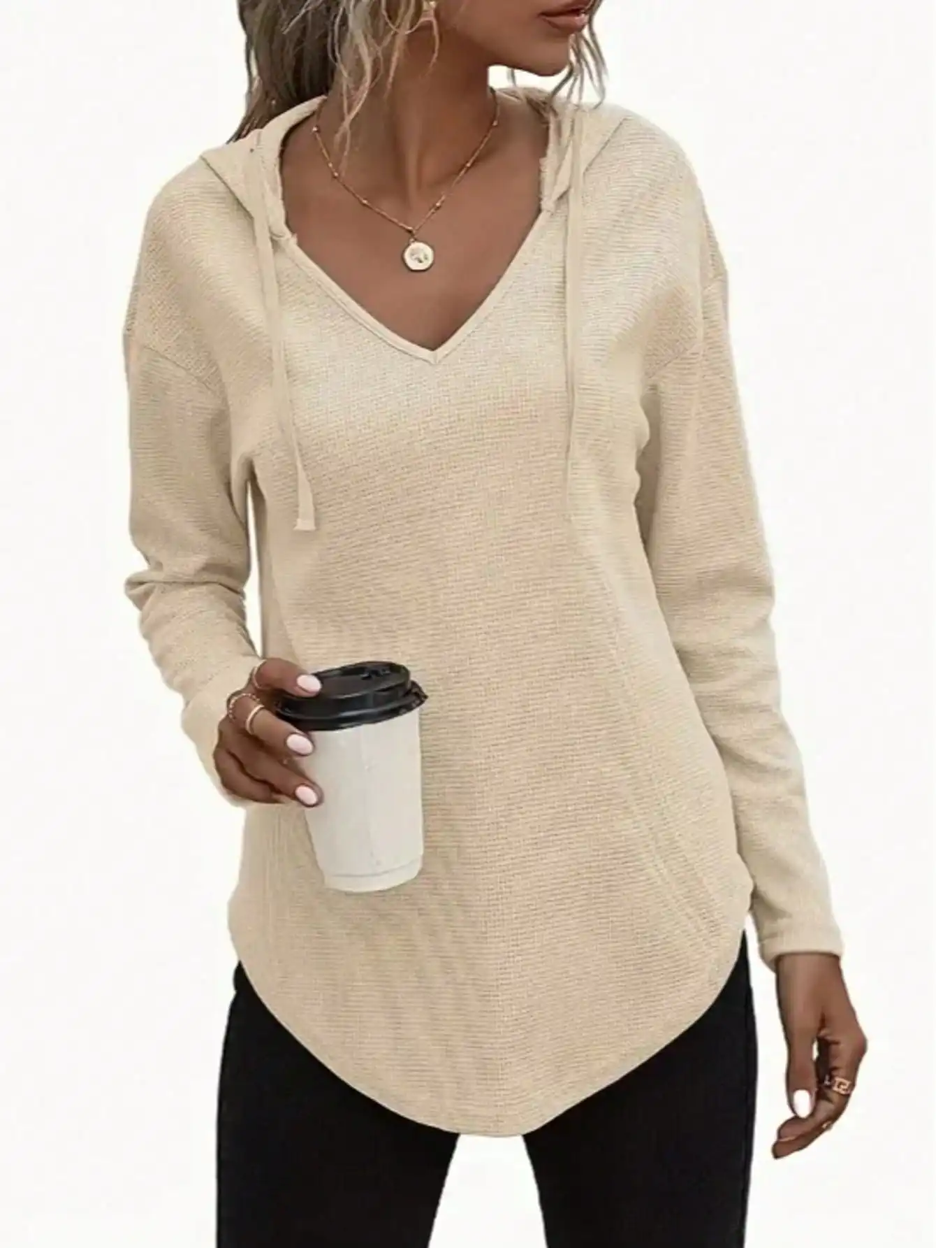 Plus Size 1XL-5XL New Women's Fashion V-neck Long Sleeve Hoodie Sweatshirt Ladies Casual Drawstring Pullover Top