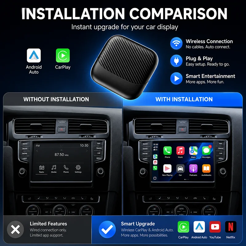 Open Android 32-bit system Wireless CarPlay Android Auto Adapter 4 + 32G/64G RAM 6 Single WiFi Multimedia Video Box
