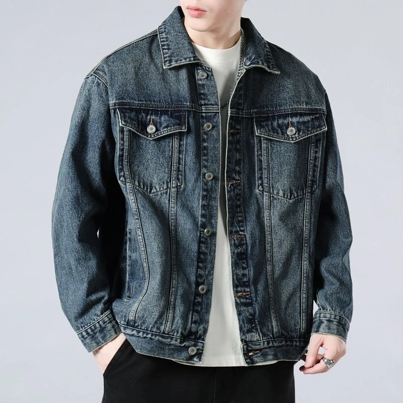 Men's Autumn Winter Vintage Denim Jacket Slim Fit Multi-Pocket Workwear Coat Handsome Trendy Versatile Outerwear