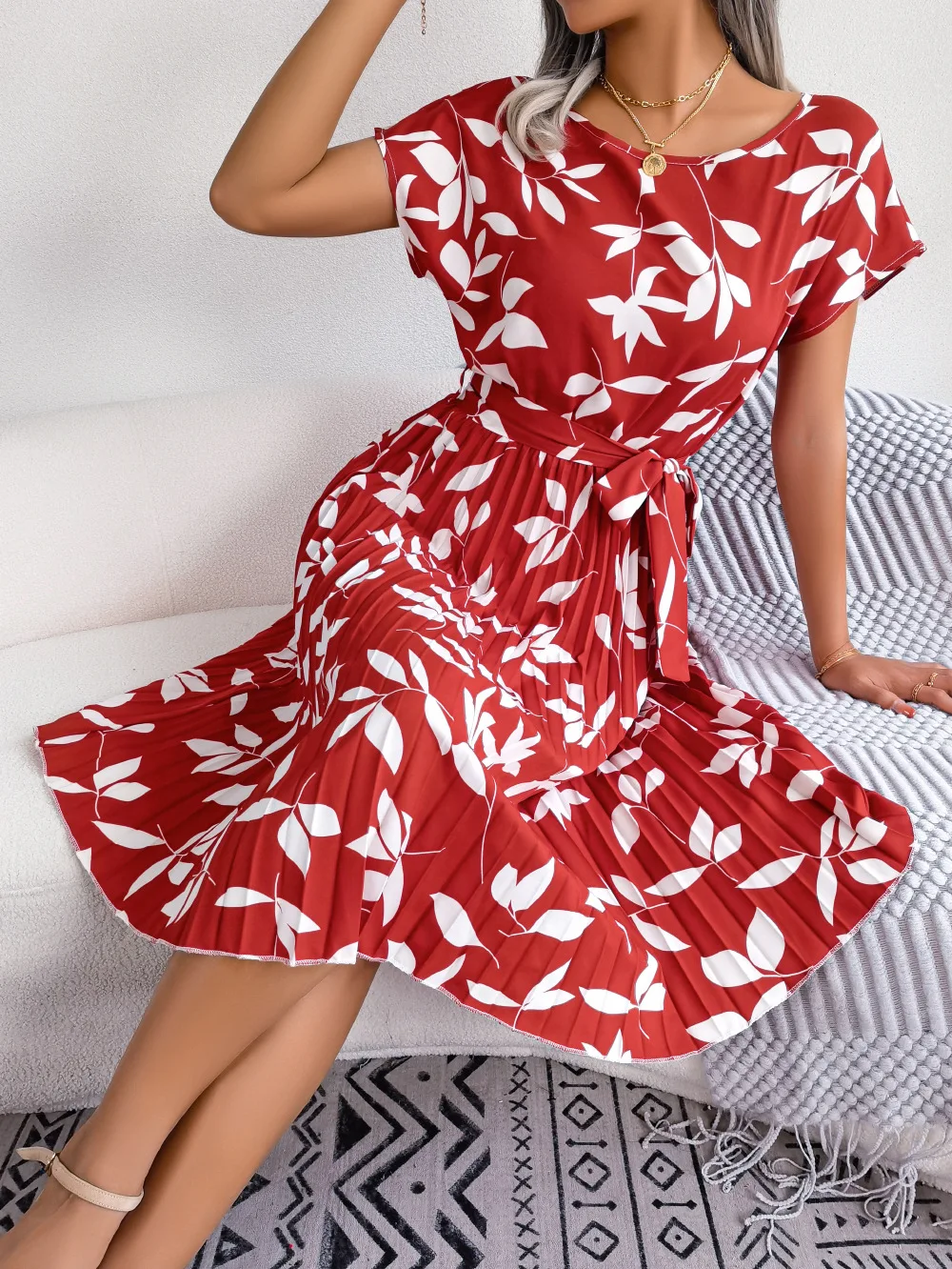 

Women Printing Short Sleeve Summer Midi Dress Elegant Lace Up Waist Bohemian A-line Dresses Fashion Casual Party Dress Vestido