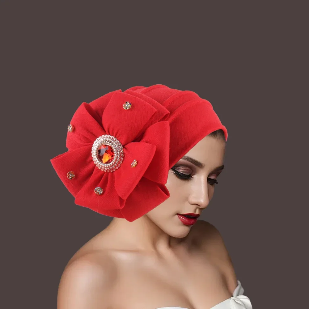 

Luxury Diamonds Big Flower Turban Cap for African Women Auto Gele Headties Bonnet Headscarf Muslim Hijab Nigeria Wedding Hats